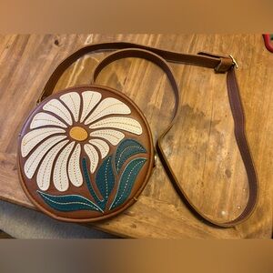 Brown Round Crossbody Bag with White Daisy Accent
